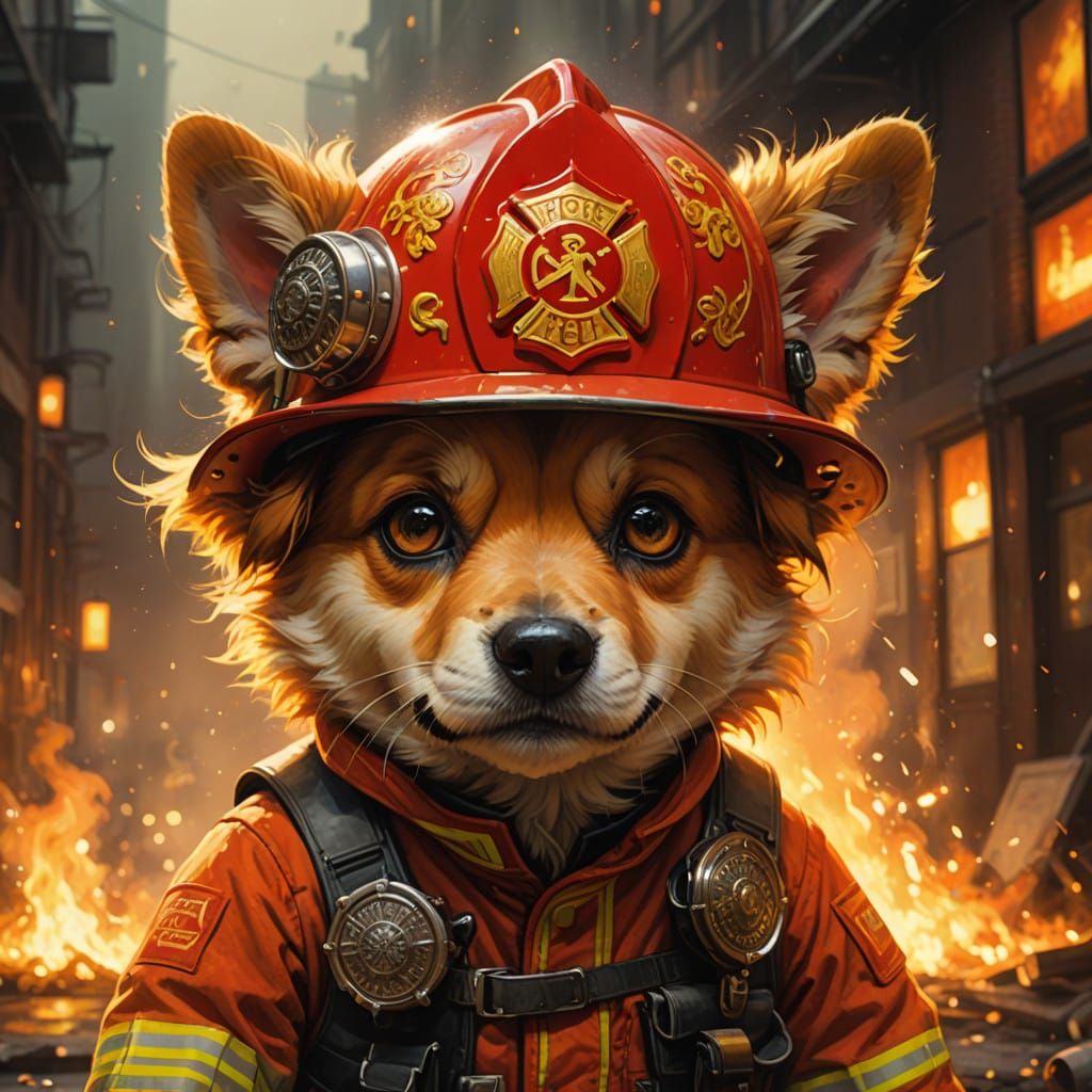Heroic Chibi Firefighter Dog with Fluffy Fur and Intricate M...
