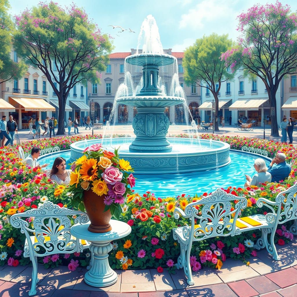 Vibrant Town Square Oasis with Flowers and Ornate Benches