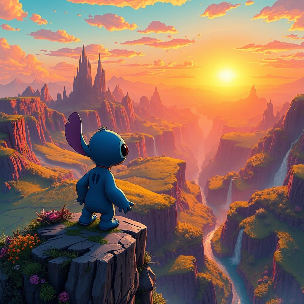 Surreal Sunset Scene with Stitch and Bart Simpson