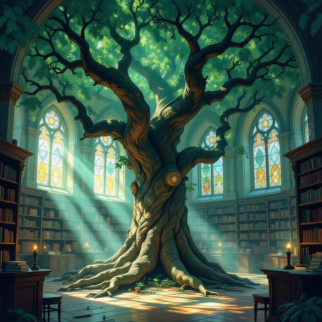 Ancient Parchment Tree in Misty Library, Ink Leaves