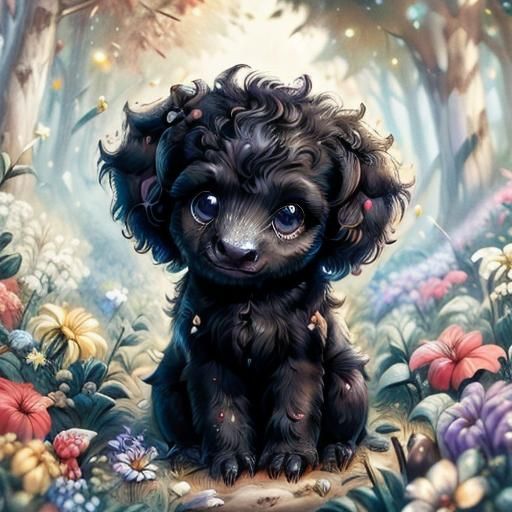 Black Poodle Puppy Playing in Flower Field
