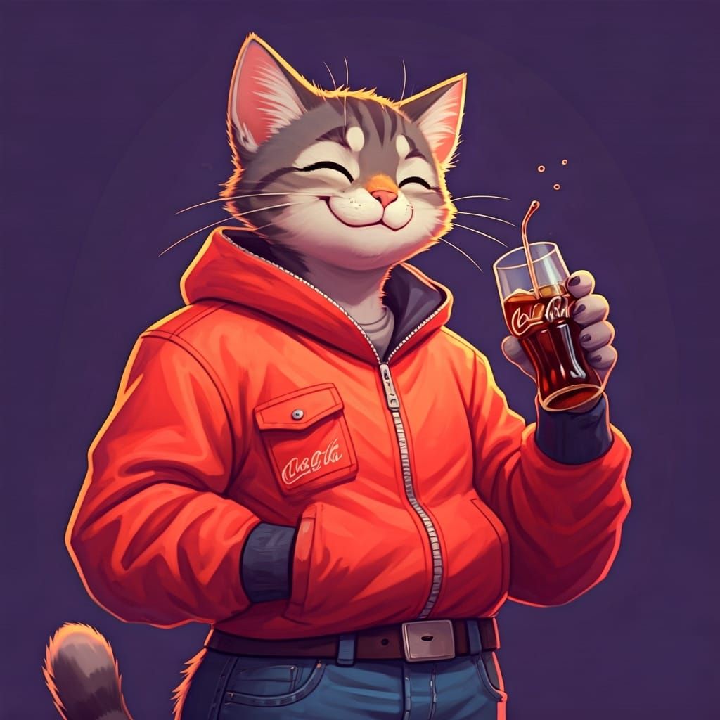 Anthropomorphic Cat Enjoys Coke in Vibrant Digital Art