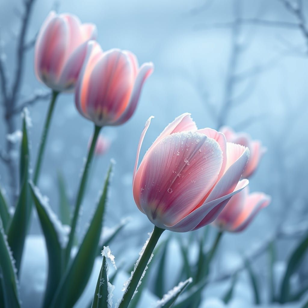 Pastel Hued Tulips Dancing in Frosty Serenity