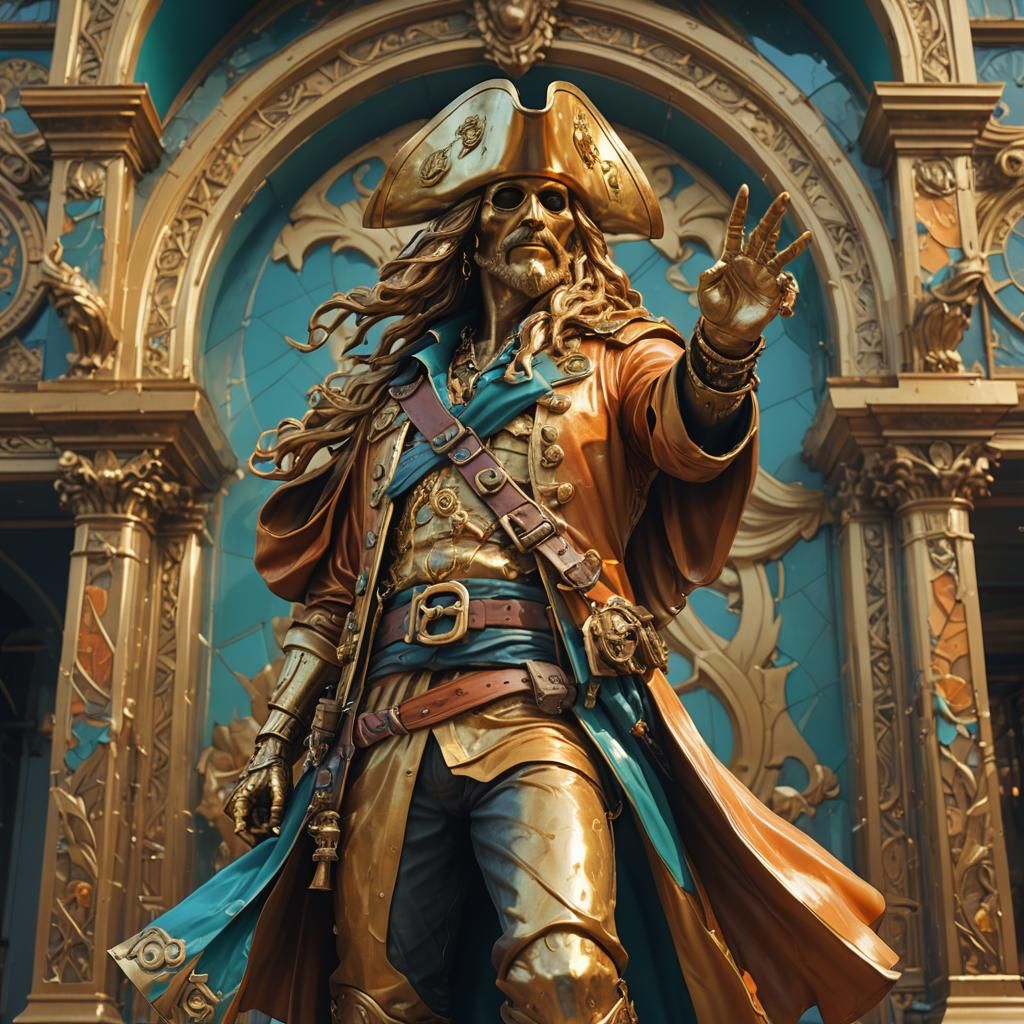 Golden Pirate Statue in Art Nouveau Style