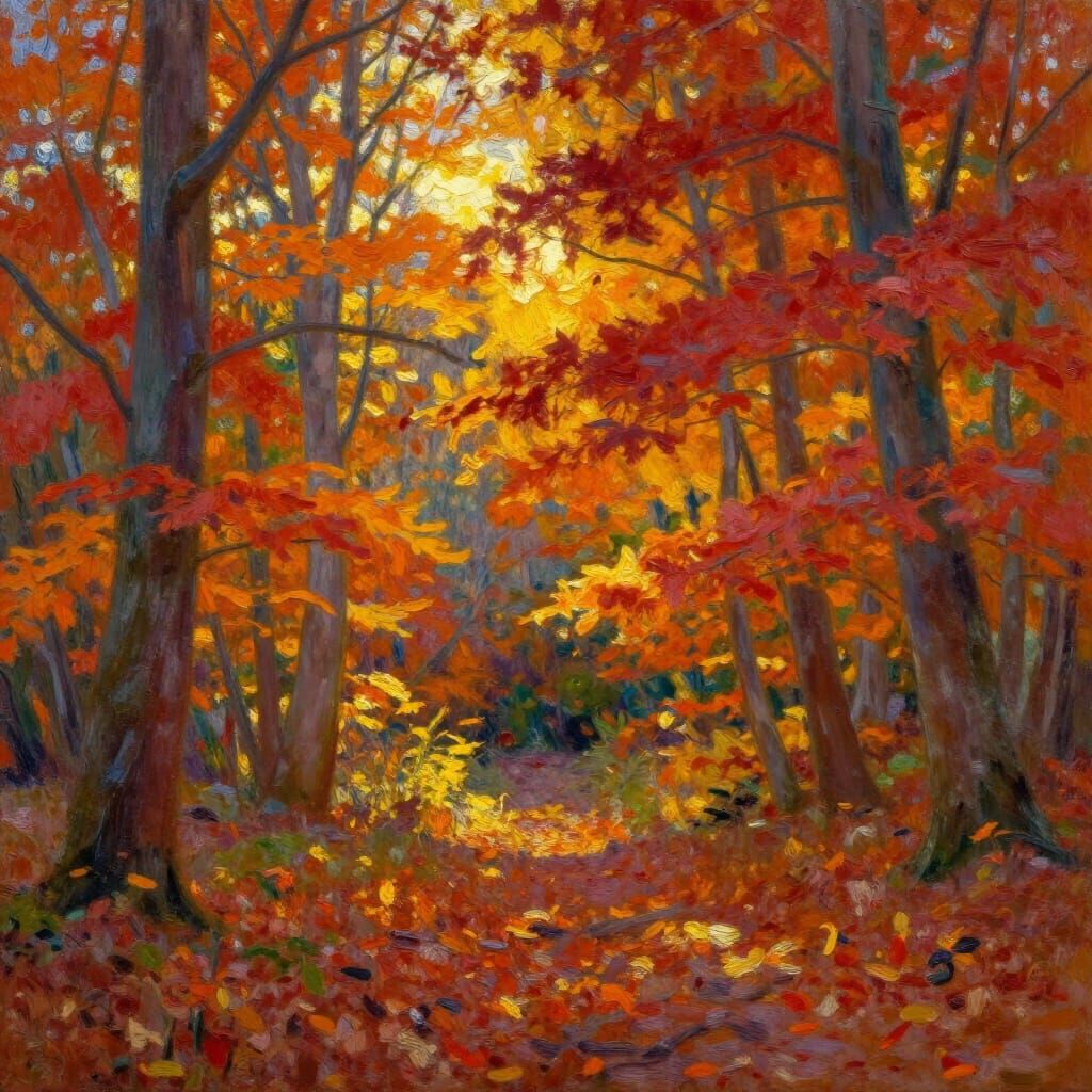 Golden Hour Autumn Forest in Impressionist Oil Style