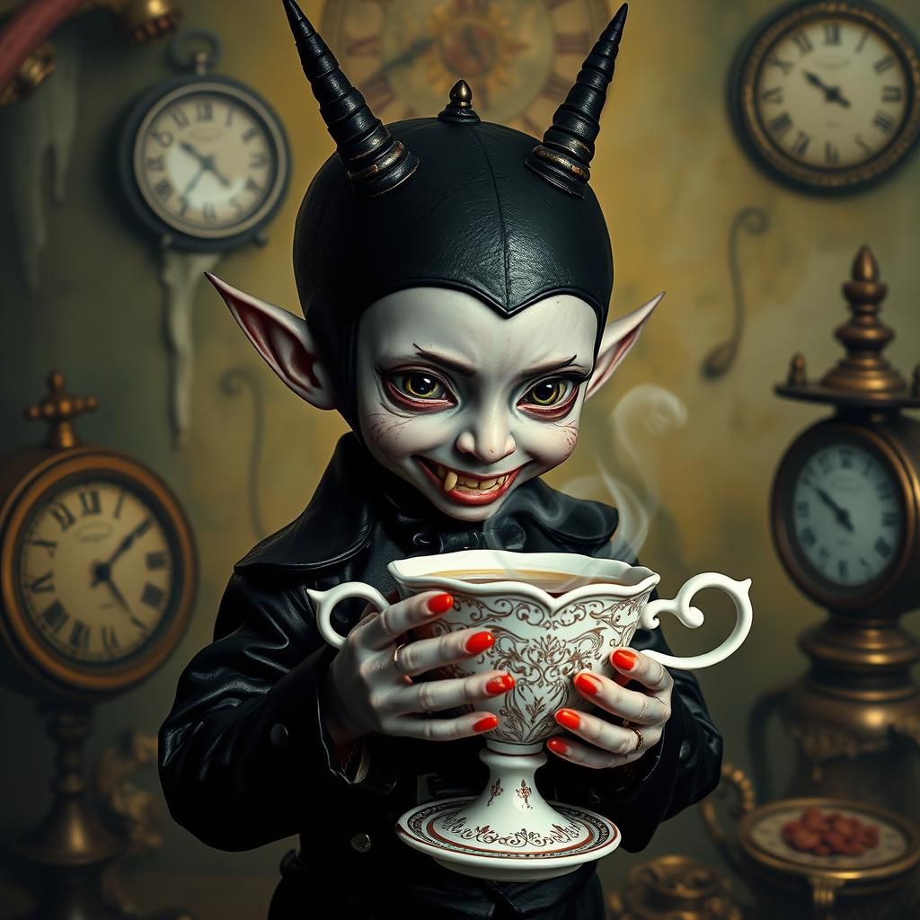Gothic Toddler Pinhead with Teacup in Surreal Dreamscape