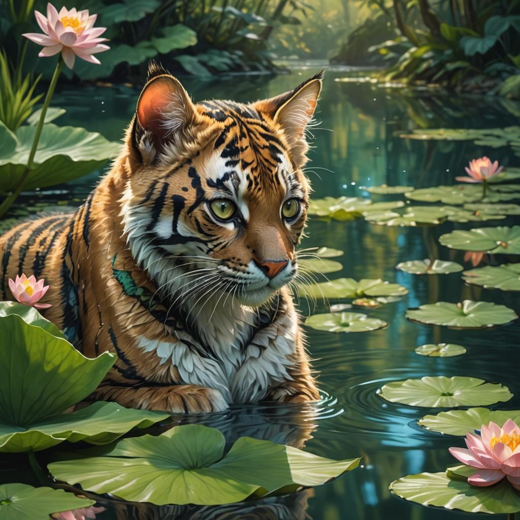 Kitten's Tiger Reflection in Lake: Concept Art