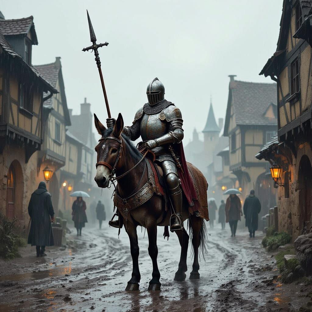 Knight on Donkey in Rainy Medieval Town - Old Painting Style