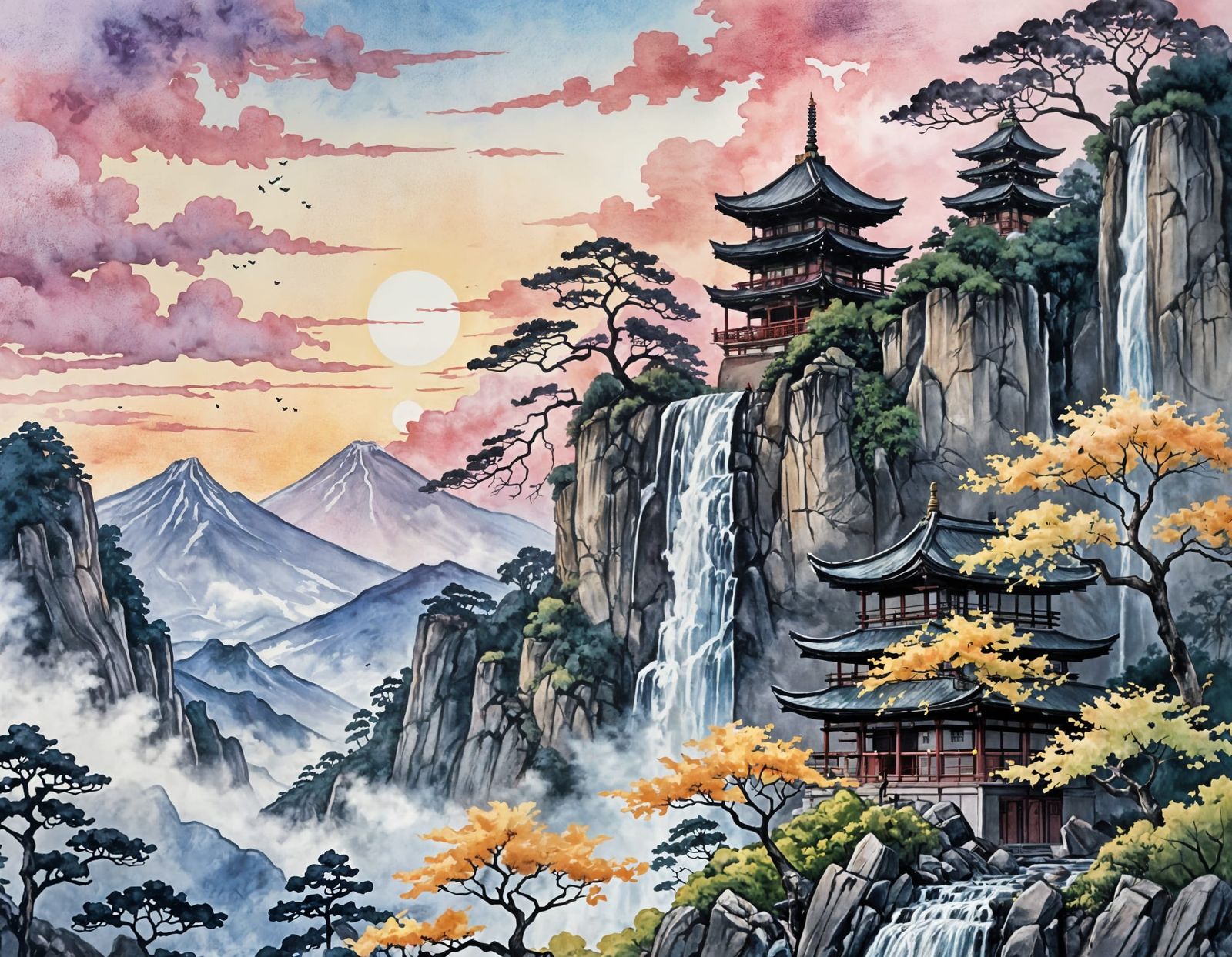 Pastel Goth Watercolour of a Mountain Waterfall at Sunrise