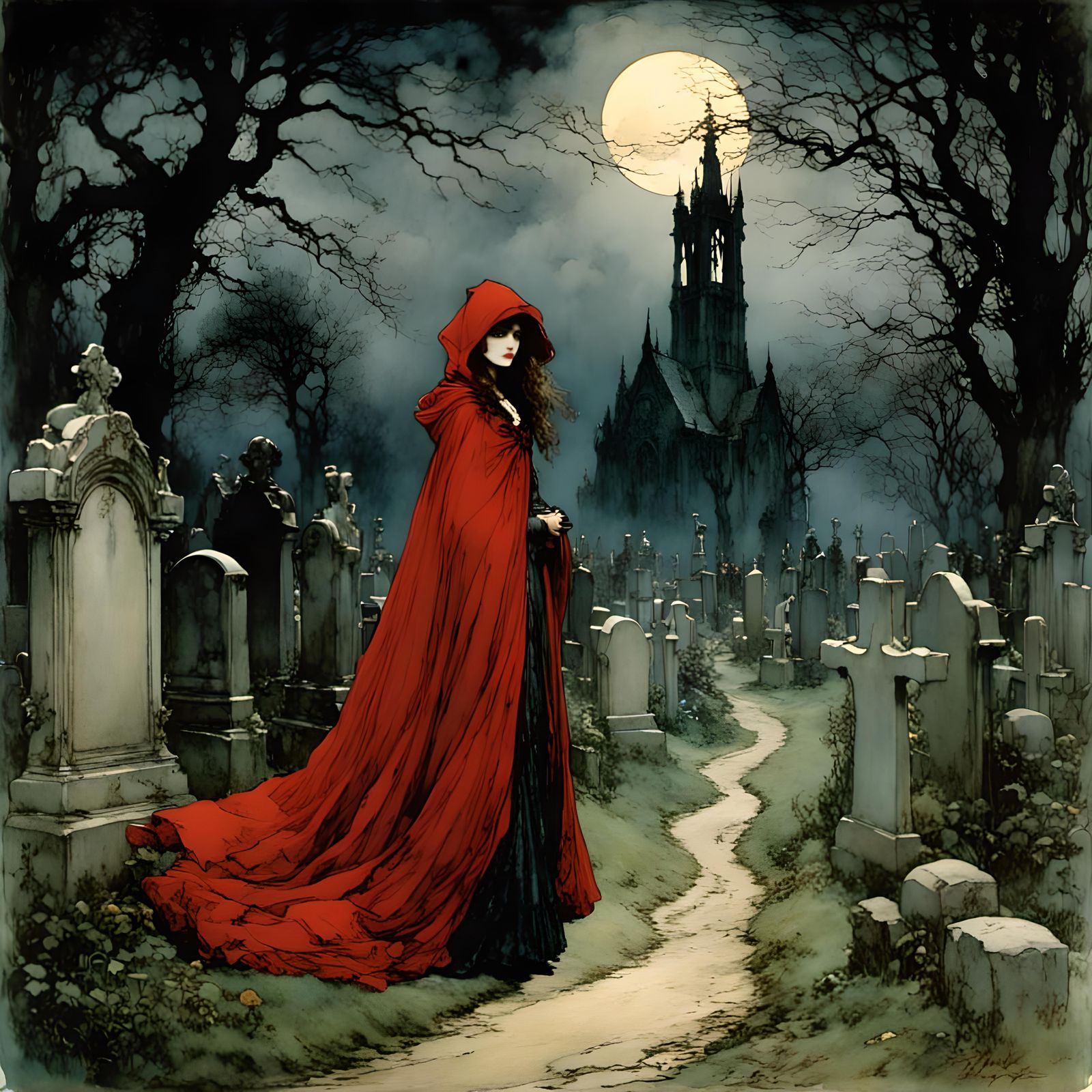Woman wearing a red cloak walking through a graveyard, moonl...