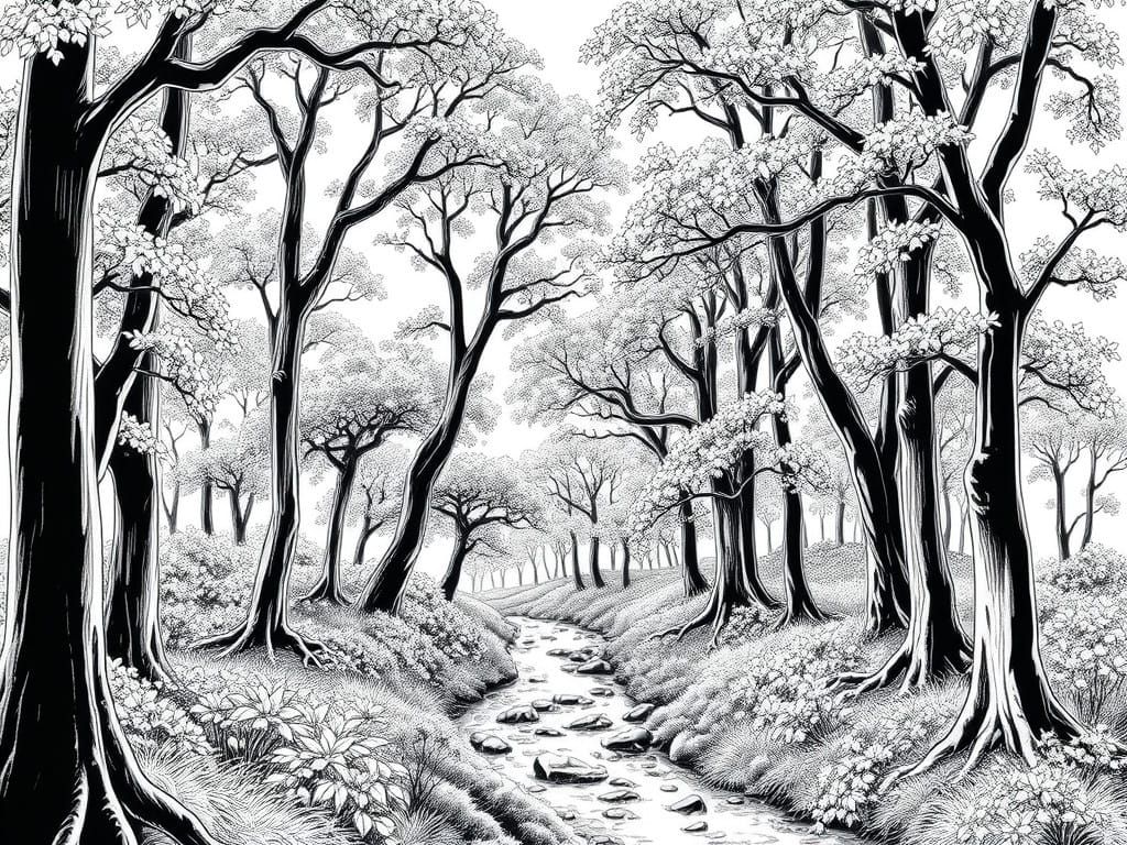 Line Art Forest with Stream, in Meticulous Comic Book Style