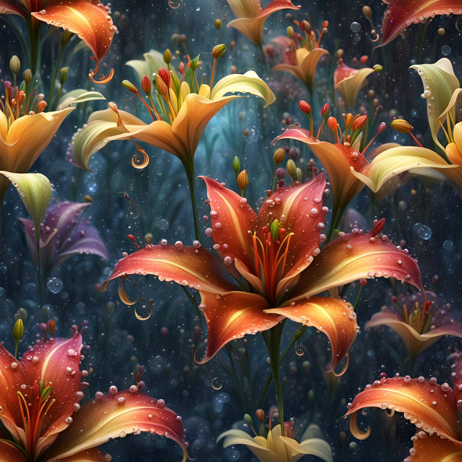 Fractal Lilies with Fairies, Fantasy Concept Art
