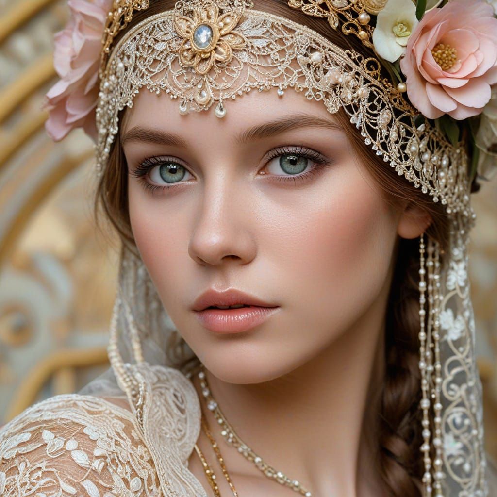 Art Nouveau Portrait of Girl with Lace Veil