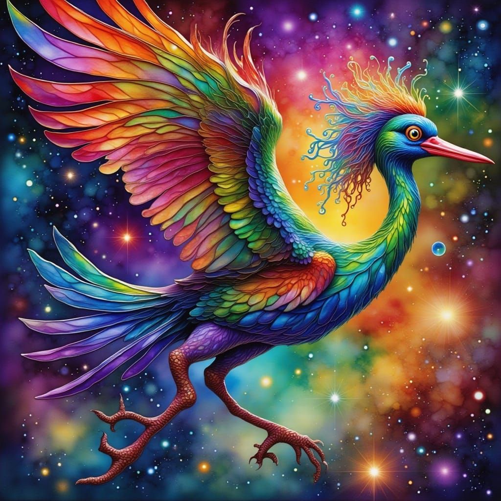 Stork Gliding Through Pride Constellations in Digital Painti...