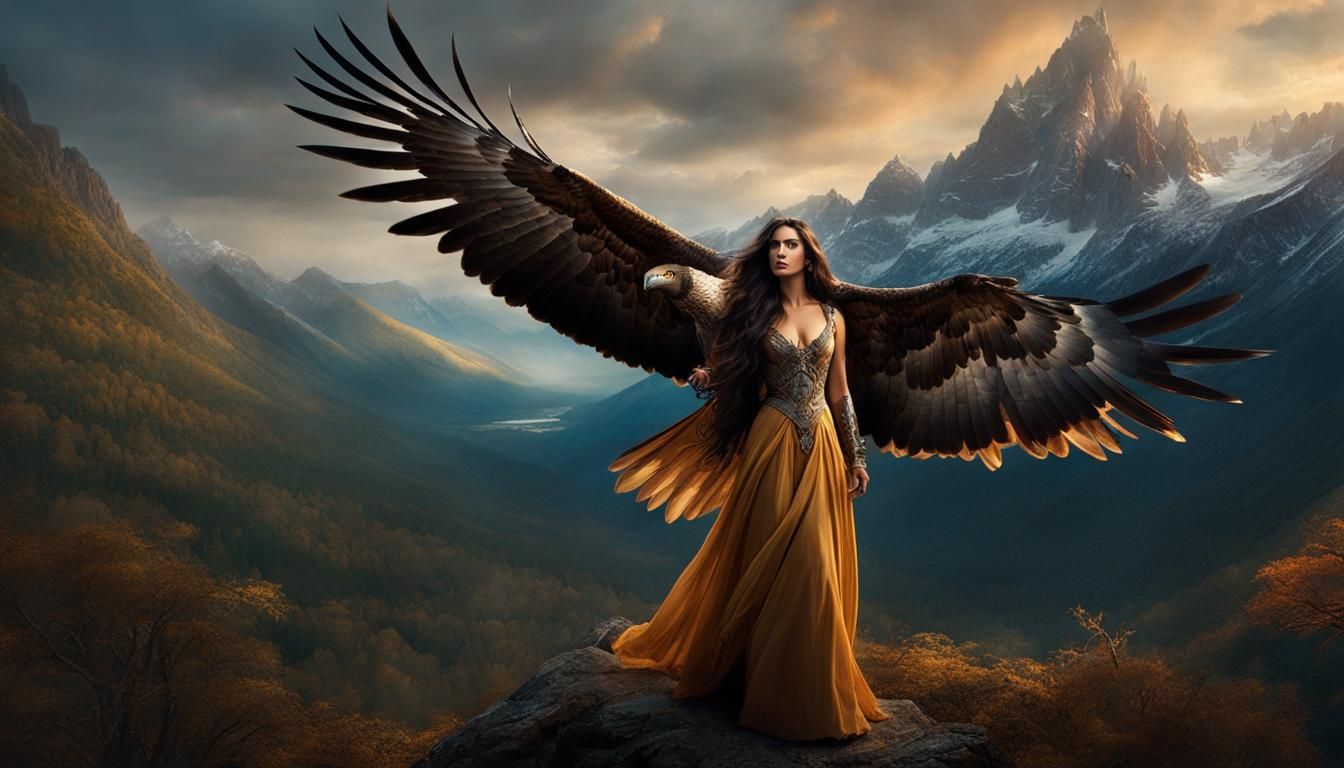 Woman and Hawk in Mountain Forest: Digital Matte Painting