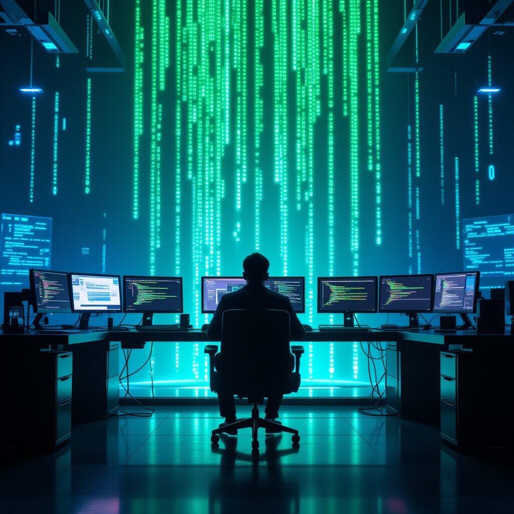 Cyberpunk Hacker Silhouetted in Neon-Lit Data Stream