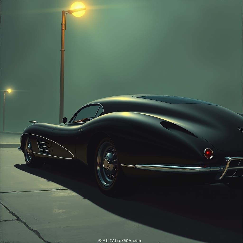 Sleek, Art Deco-Inspired Car Illuminated Under Streetlamp