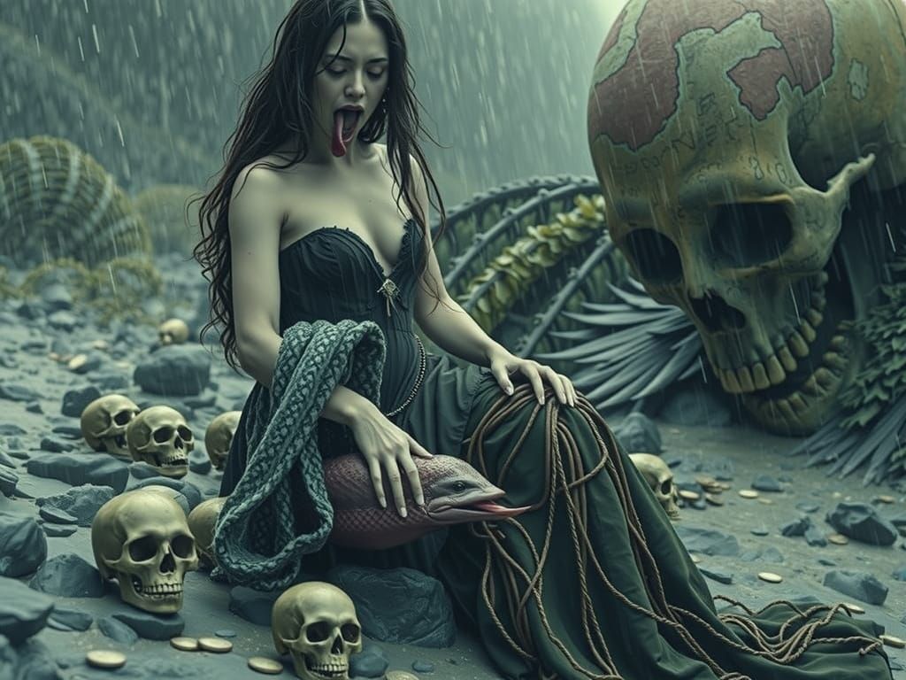 Sinister Sea Witch with Pink Eel on Stormy Shore