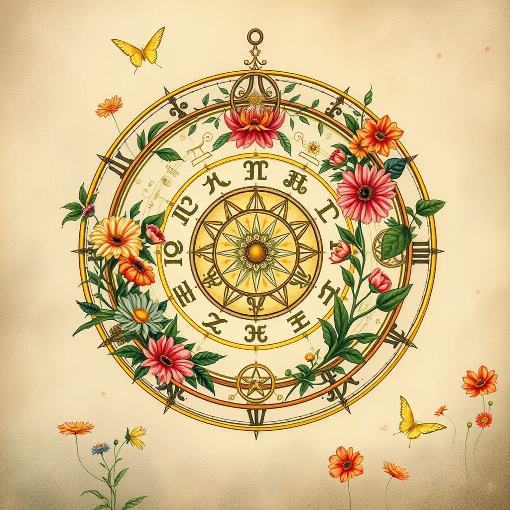 Ethereal Zodiac Wheel in Vibrant Botanicals