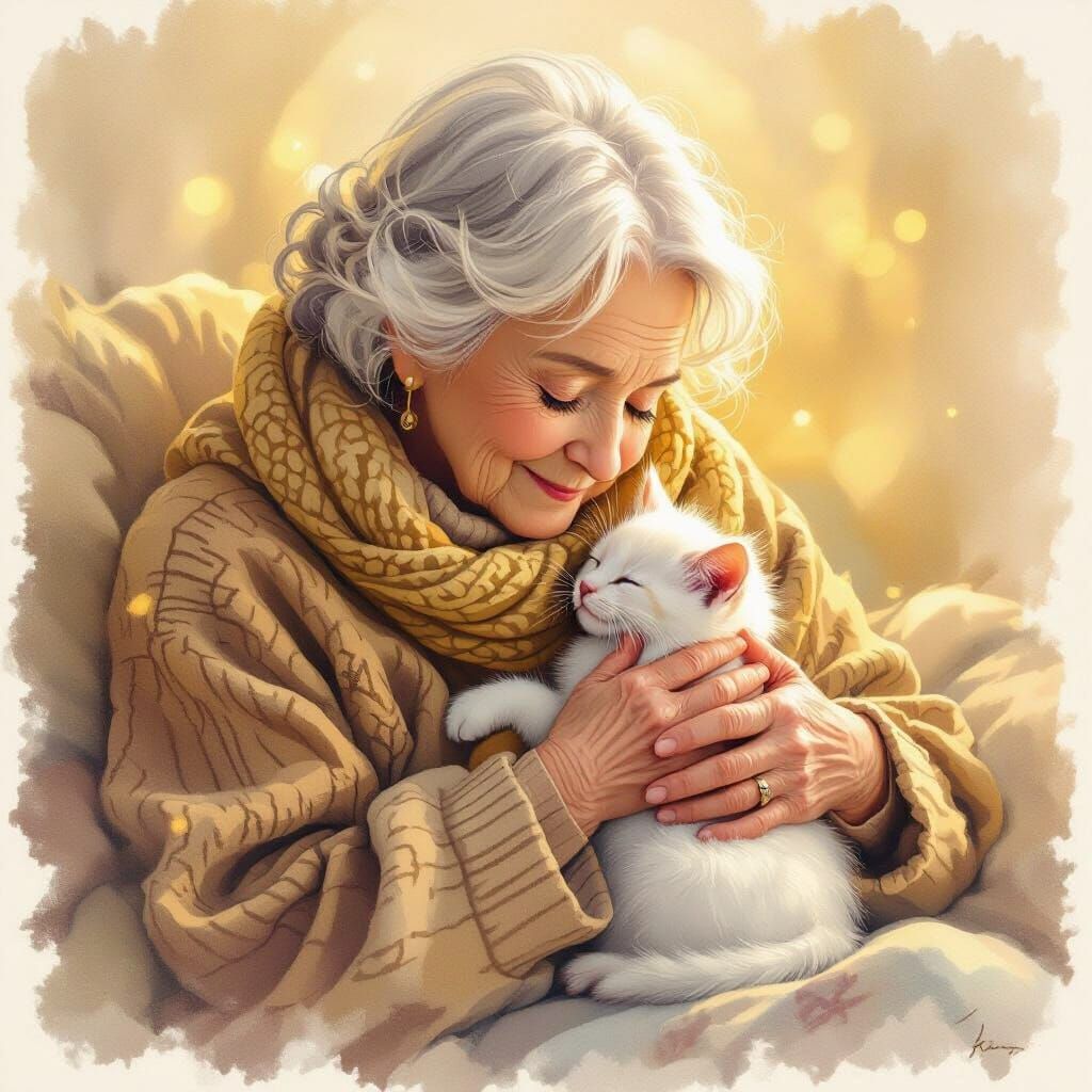 Elderly Woman Comforts Kitten in Fantasy Illustration Style