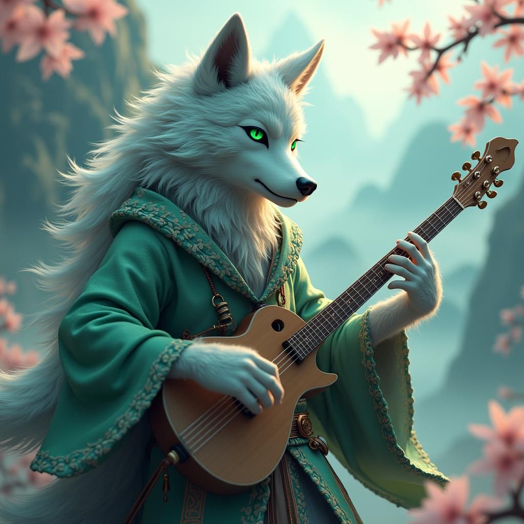 Wolf Humanoid Singing in Japanese Landscape