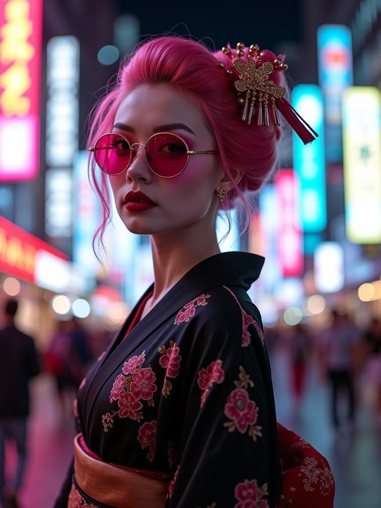 Geisha with Pink Hair in Cyberpunk Cityscape