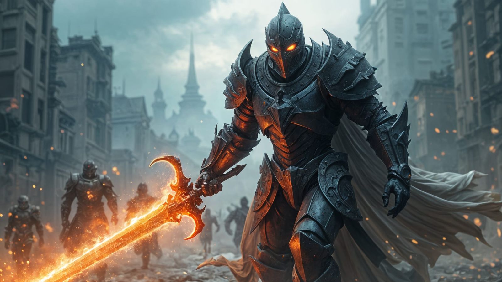 Menacing Knight Charges Forward with Fiery Sword in Cyberpun...