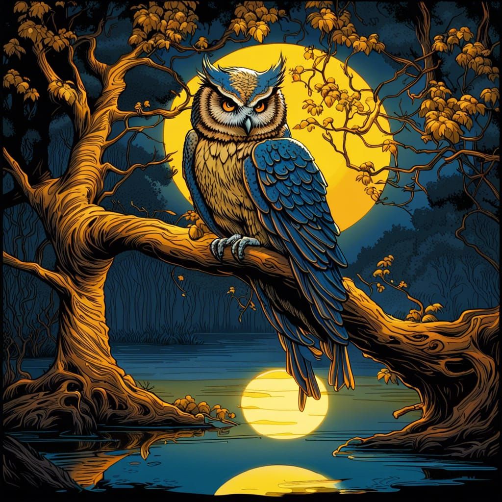 Gothic Owl Grand Duke on Golden Tree Branch