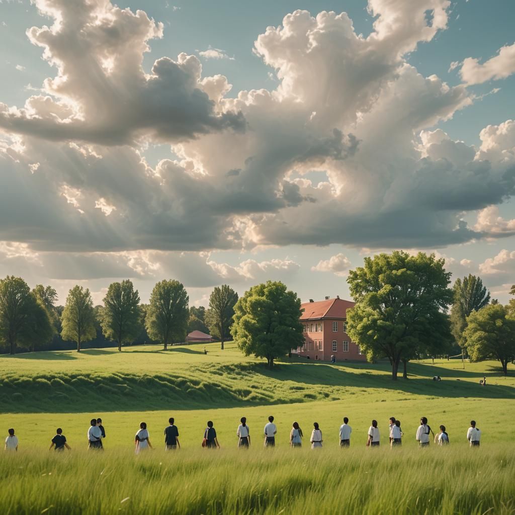Pastel School Landscape with Students at Play