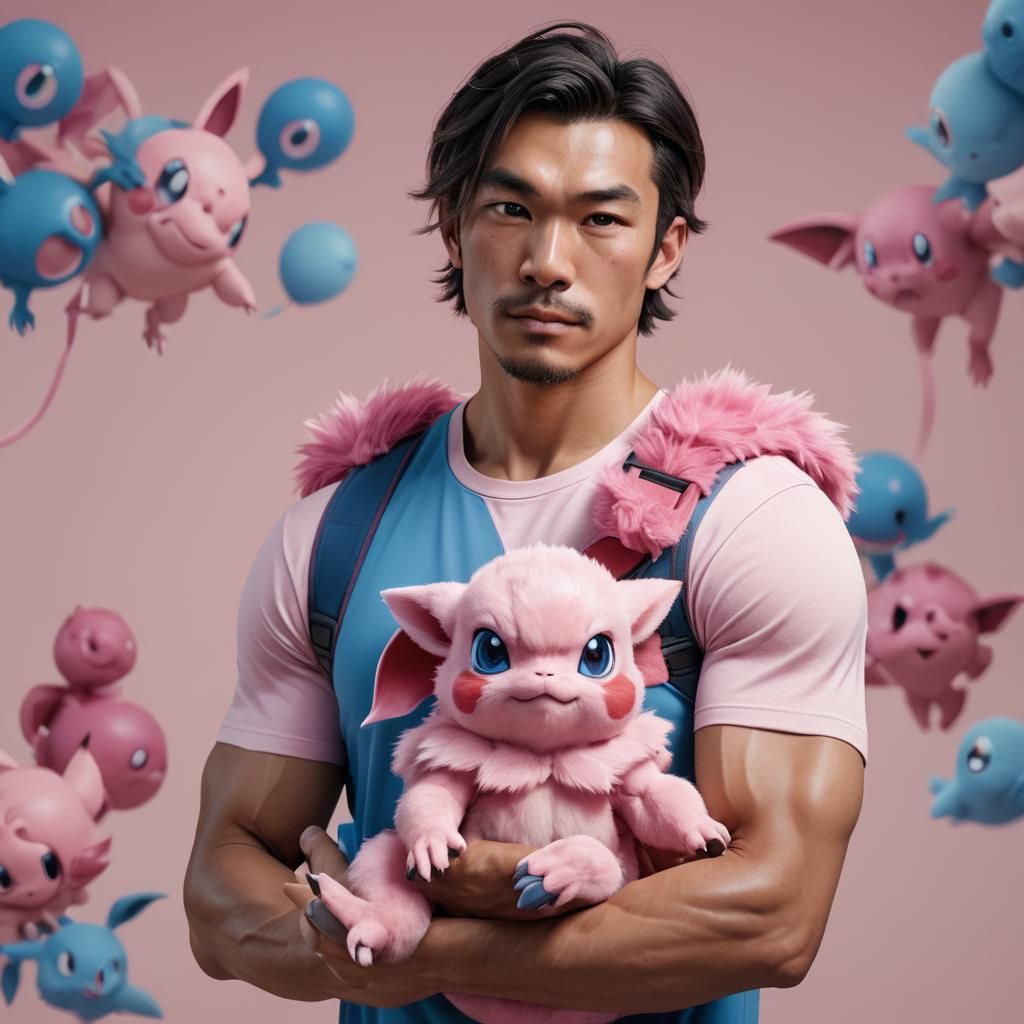 Muscled Trainer with Pink Pokémon: Hyper-Realistic Digital A...