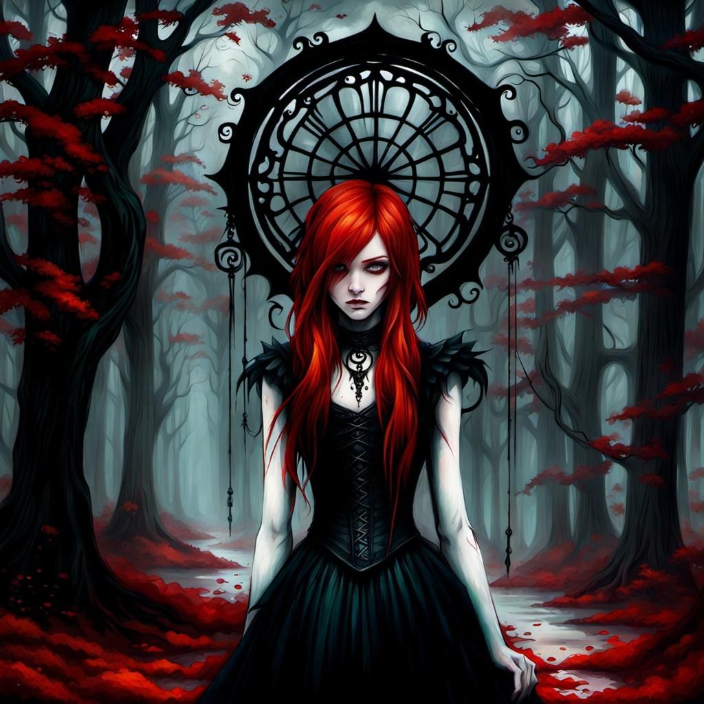 Ethereal Red-Haired Emo Girl in Gothic Surrealist Painting