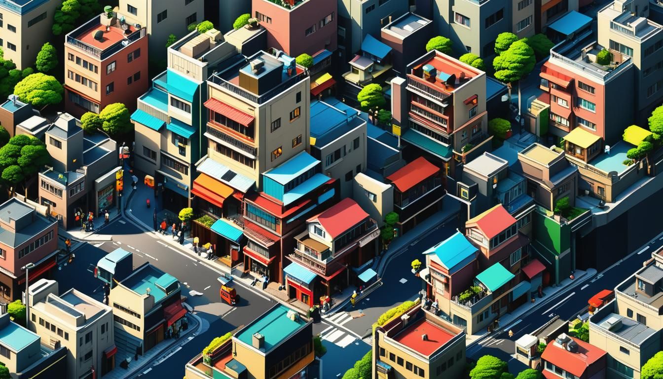 Bustling Tokyo Mountain Neighborhood in Tintin Style