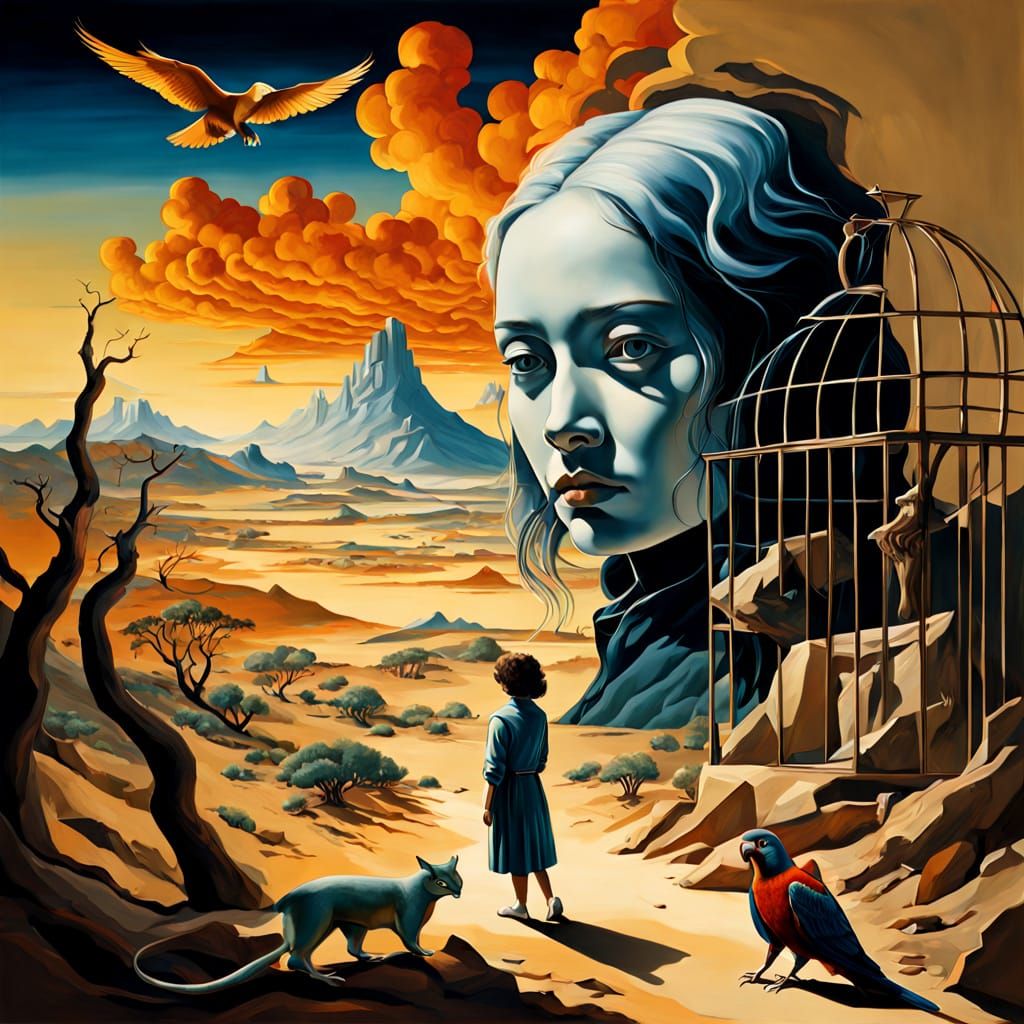 Surreal Dreamscape with Distorted Woman, Puma, and Parrot