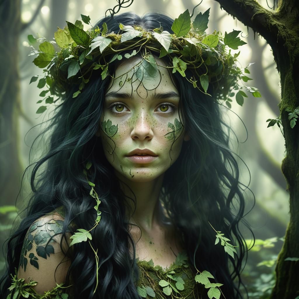 Mystical Forest Maiden Portrait in Soft, Warm Light