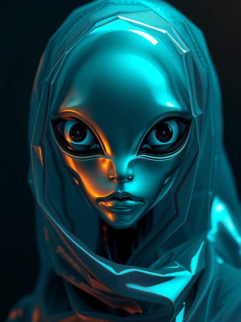 Iridescent Cyberpunk Xenomorph Doll in Dark Sci-Fi Style