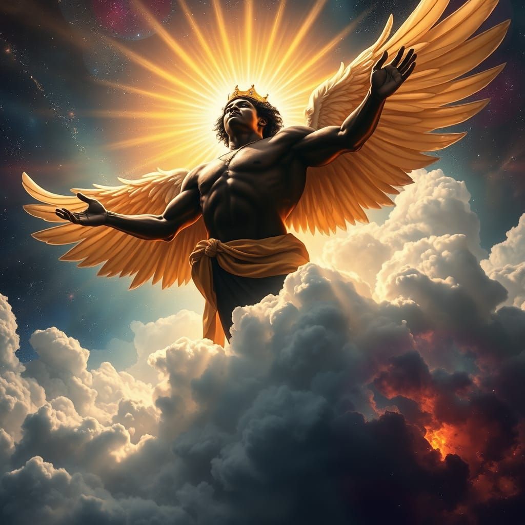 Black Angel Ascends from Clouds into Cosmic Space