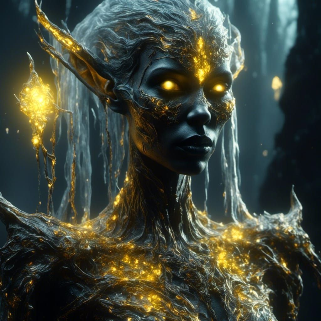 Dark Elf with Glowing Eyes in Underground Cave