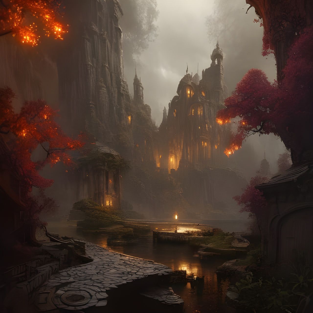 Hyperrealistic Castle with Wildflowers in Dark Fantasy Style