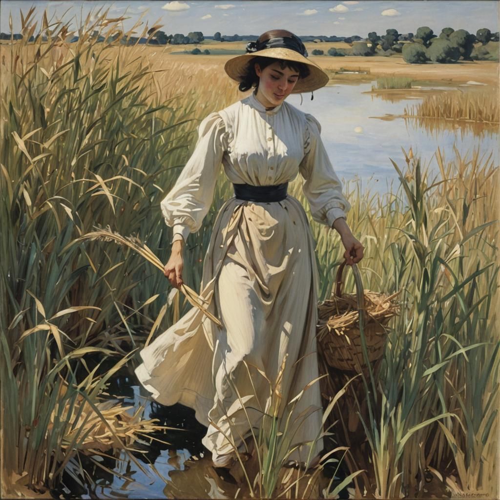 Reeds Harvesting Maid in Classical Portrait Style