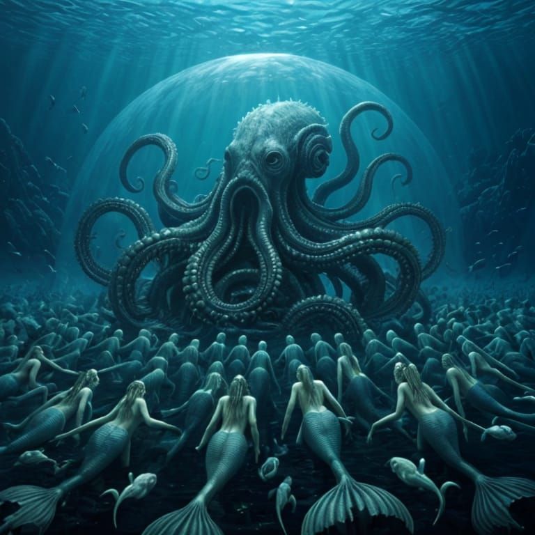 Cthulhu Commands Fishlike Mermaids in Underwater Dome