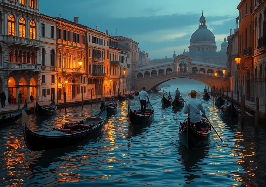 Ethereal Evening in Venice: Gondolas on the Grand Canal