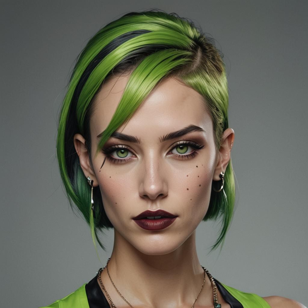 Hyperrealistic Portrait of a Rockstar with Green Hair