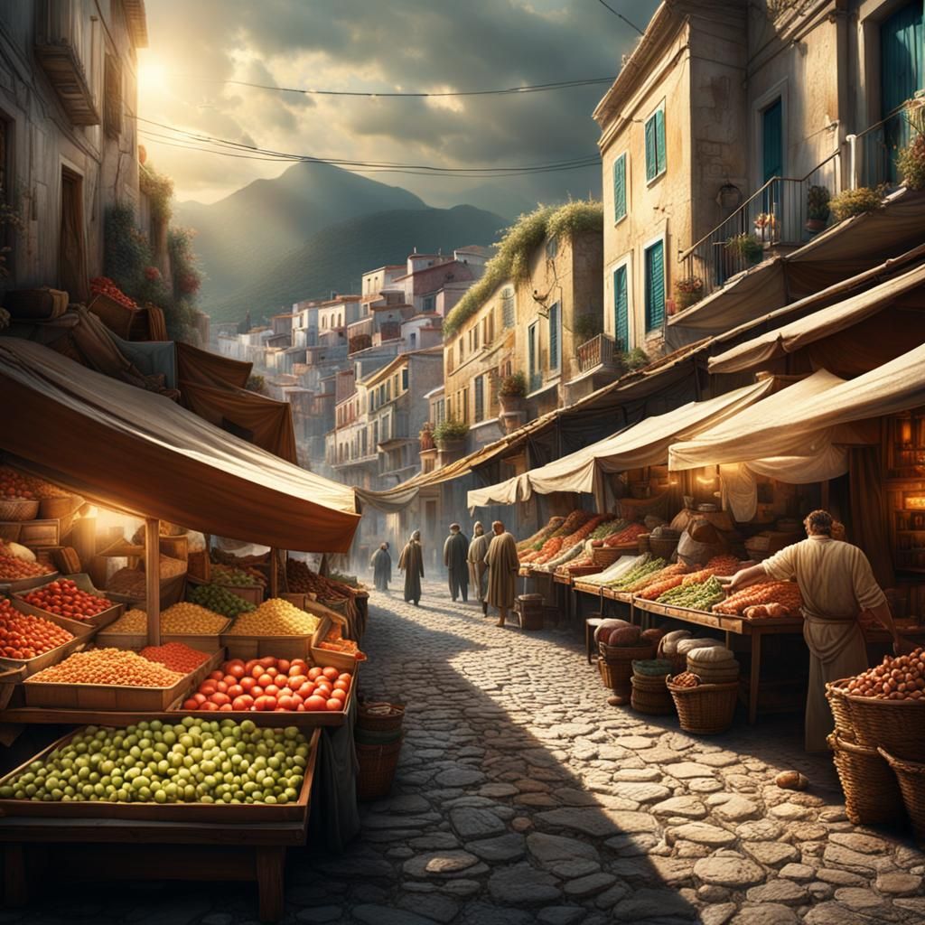Vibrant Market Scene in Greece: Digital Painting