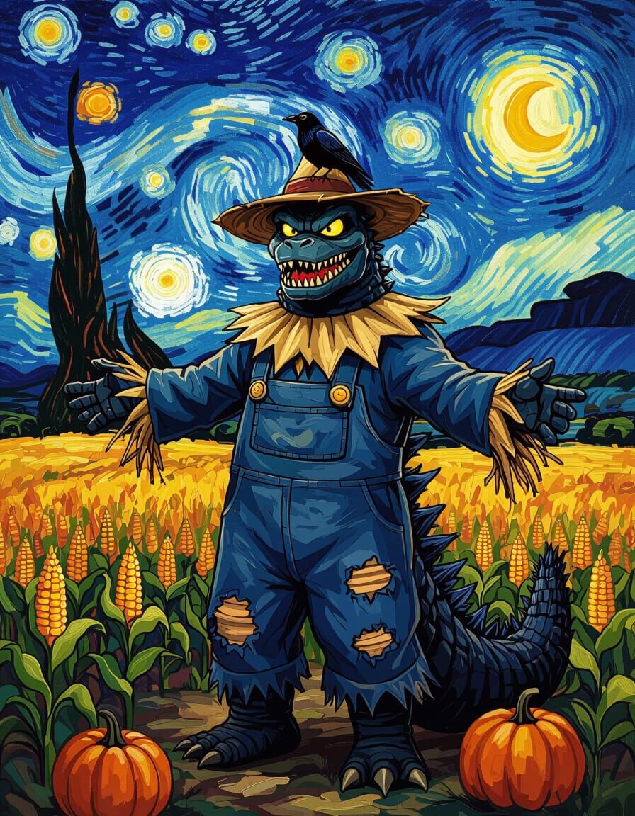 Godzilla Scarecrow in Van Gogh Style Field Under Swirling Mo...