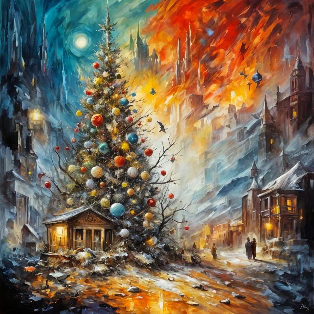 Surrealist Christmas Dreamscape: Impasto Oil Painting