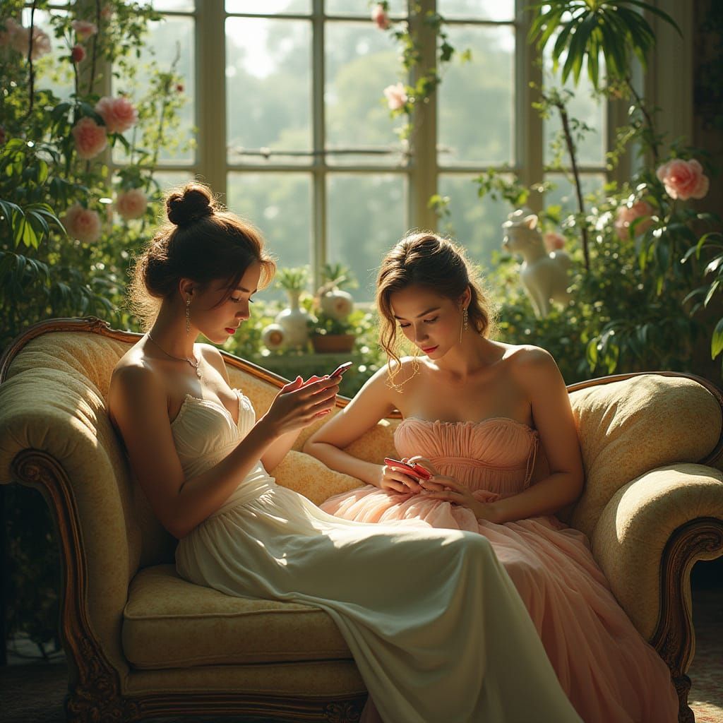 Elegant Women Lost in Smartphone World of Luxury