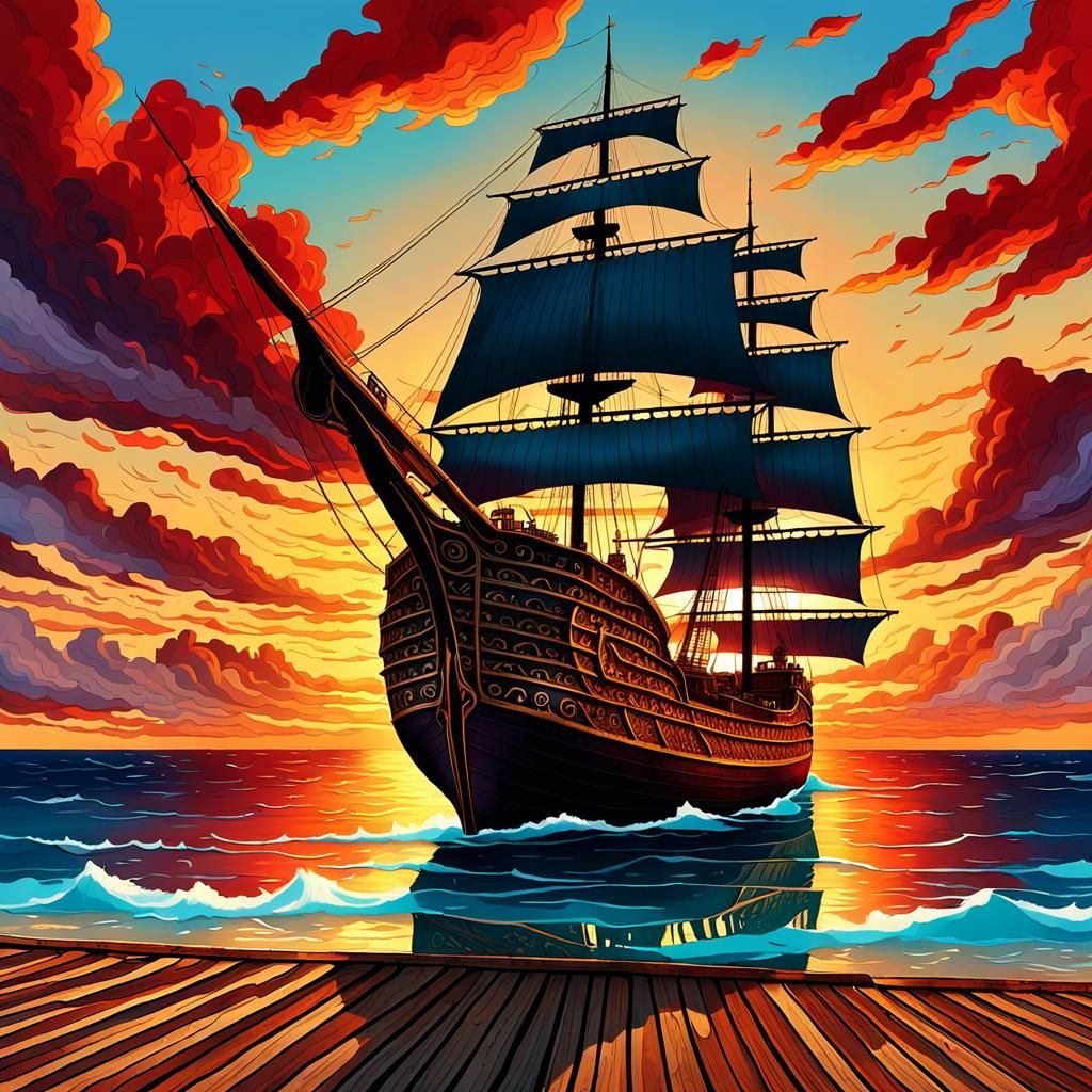 Ornate Prize Ship at Sunset: An Impasto Gouache Painting
