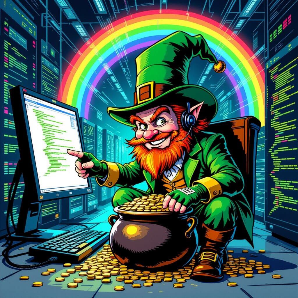 Leprechaun Hacking a Mainframe in Cyberpunk Style