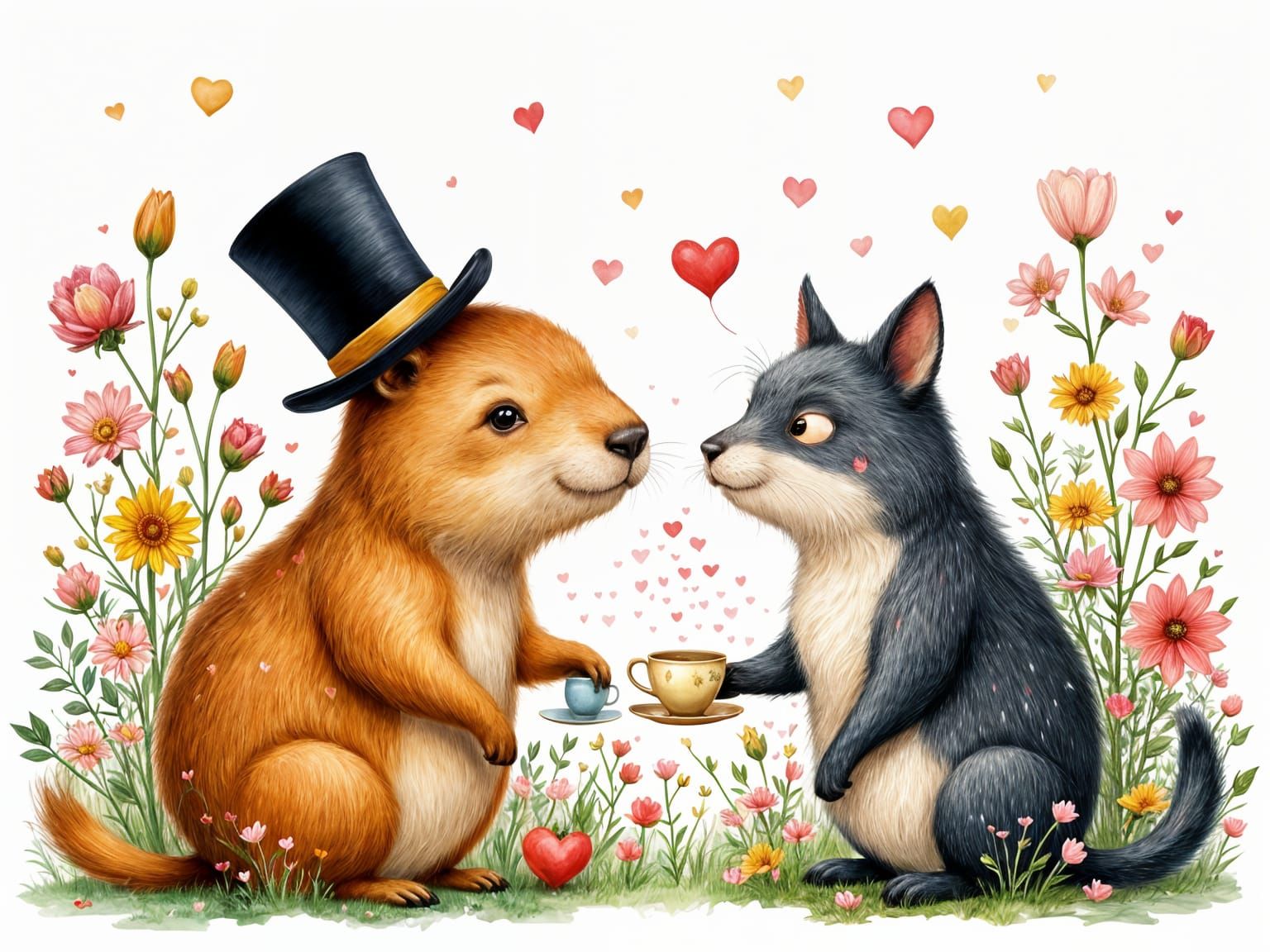 Capybara and Cat Enjoying Tea in a Garden