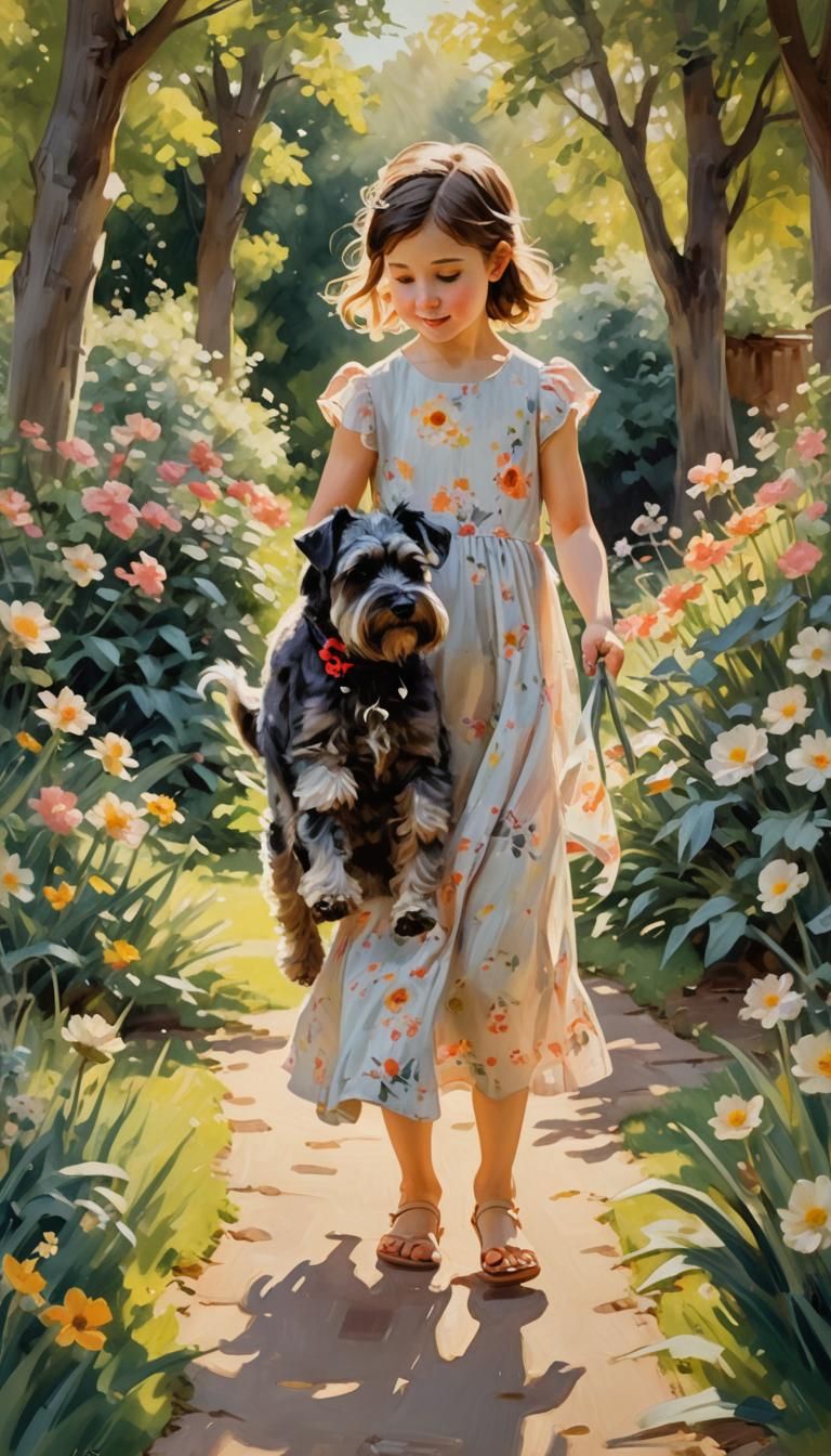 Baby Girl and Schnauzer in Sunlit Garden: Impressionist Pain...